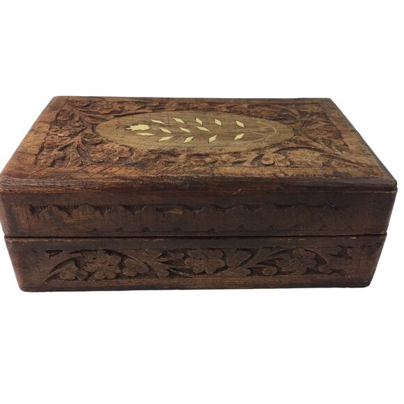 Wood Jewelry Chest Storage Box Inlay Carved Floral Pattern Solid Mid Century u - Picture 1 of 9